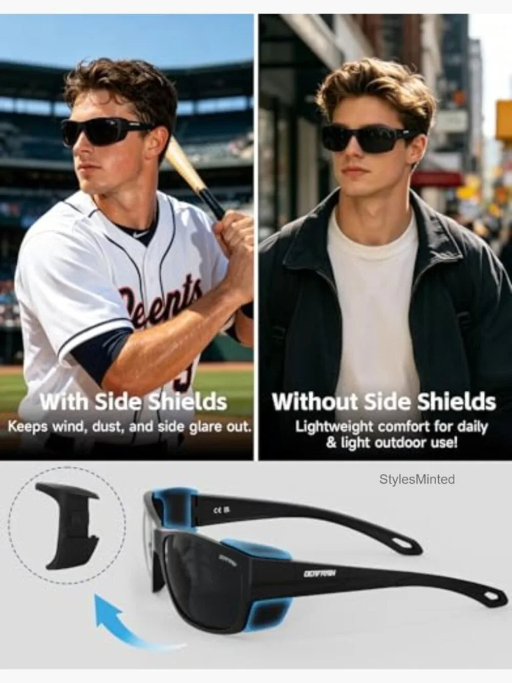 Super Dark Polarized Sunglasses with Removable Side Shields Sport Wrap Around